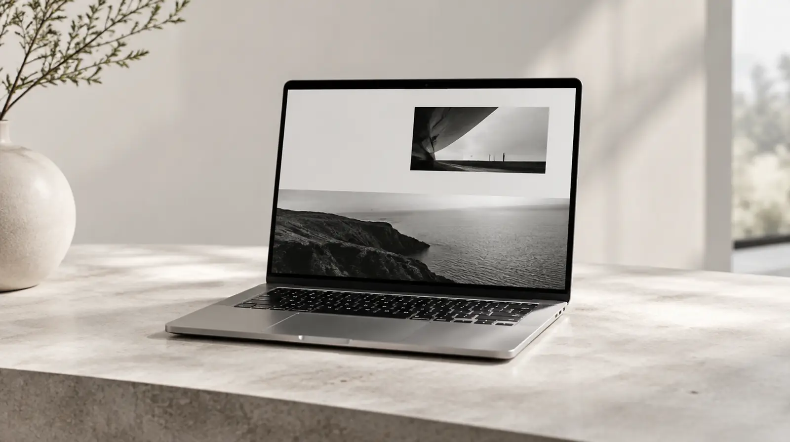Laptop showing an elegant black-and-white website on a stone table
