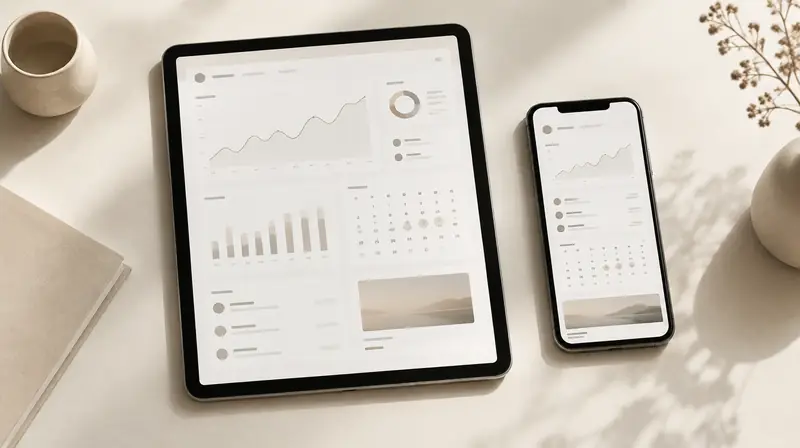 Tablet and phone showing a clean analytics dashboard